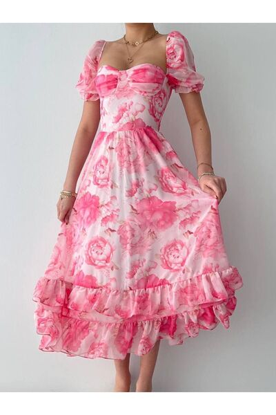 Afiş Butik Καλοκαιρινό φόρεμα από βαμβακερό ύφασμα ροζ φλοράλ στάμπα σιφόν