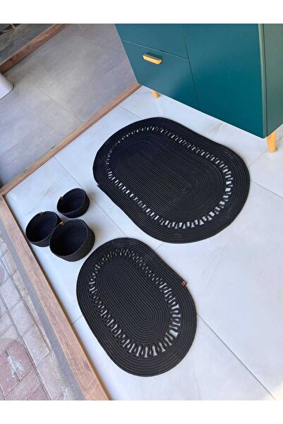 eftlyhome طقم بساط حمام مكون من 4 قطع مقاس 40x60-60x100 - هدية من قش الجوت وس...