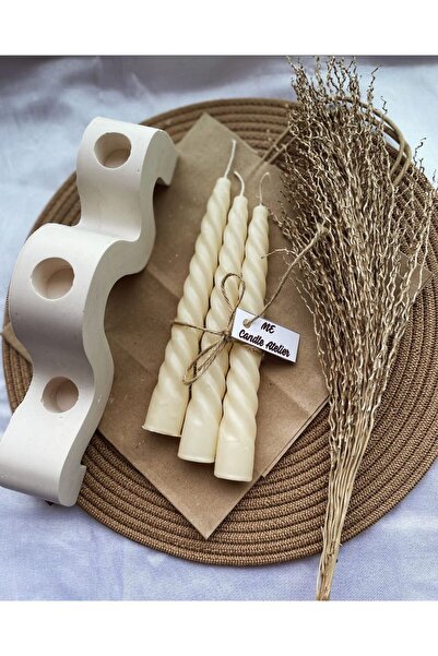 Genel Markalar Krem renkli 3'lü şamdan ve 3 adet burgulu mum takımı, şıklık v...