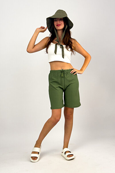 Betimoda Khaki Colored Women's Shorts - Elastic Waist, Wrap Fabric, Wide Leg