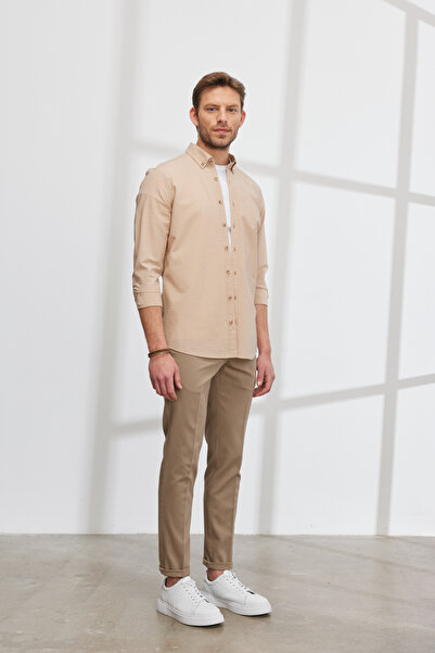 ALTINYILDIZ CLASSICS Men's Beige Slim Fit Slim Fit Side Pocket Cotton Flexible Dobby Trousers