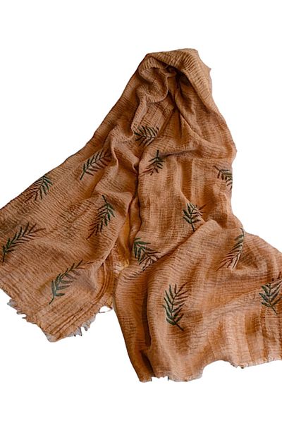 leillART Brown Leaf Patterned Shawl Scarf with Bamboo Fabric