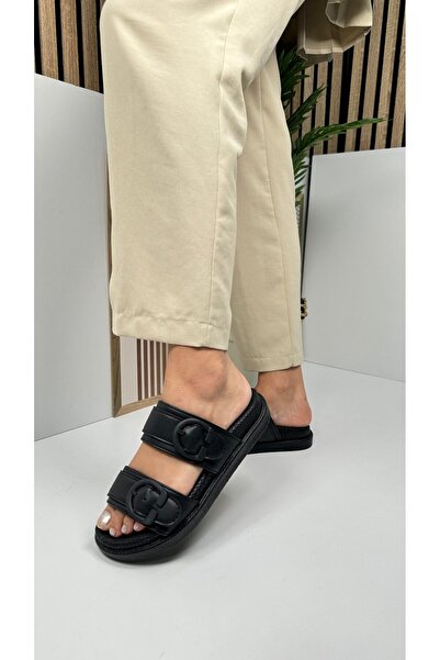 İmerShoes Black Women's Slippers - Double Adjustable Buckle, Soft Comfortable Thick Sole, Lightweight 6658