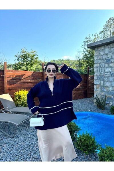 NZL TEKSTİL Pulover tricotat cu mânecă lungă, cu fermoar, cu dungi, pentru pe...