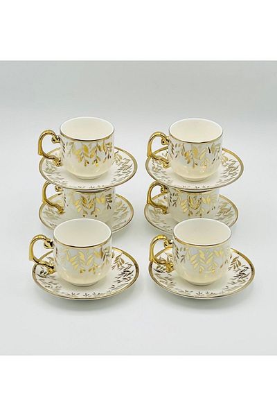 Tekbir Tekbi̇r Vintage White-gold Leaf Patterned Porcelain Coffee Cup Set