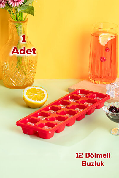 Porsima 159 12 Bölmeli Buz Kalıbı- Renkli Barista Kokteyl Buz Kalıbı -Kırmızı