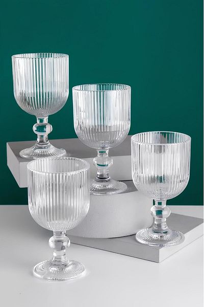 Vadi Lucca Elegant 4-Piece Striped Glass Cup Set - 260 ml with Foot