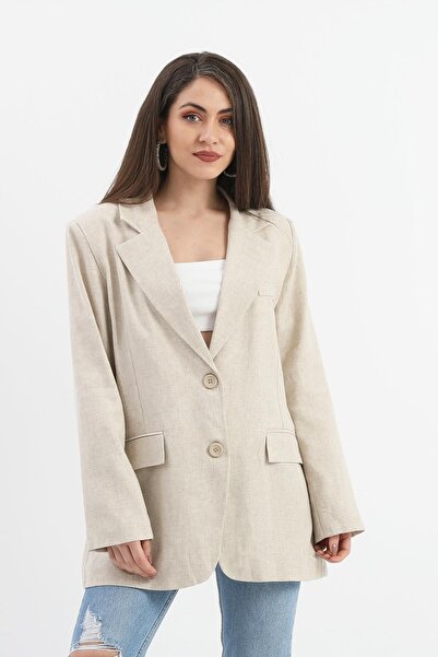 modaserdem Stone Colored Women's Linen Jacket - Double Slits