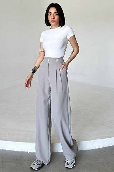 Maude Women's Gray High Waist Side Closure Wide Leg Palazzo Pants