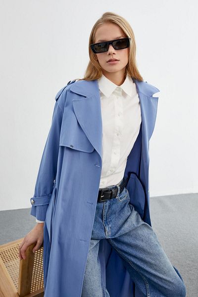 Zühre Buttoned Indigo Trench Coat with Shoulder Epaulettes 13459