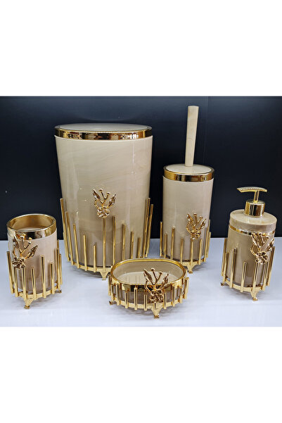 GuvenliPazar 5 Parça Akrilik Yuvarlak Banyo Seti Krem Mermer Gold Kromaj Gold Japon Güllü