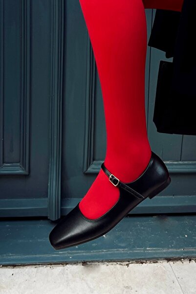 POLKA STORE Petite Black Matte Leather Closed Back Single Strap Square Toe Helmet Women's Ballerina Shoes Mary Jane