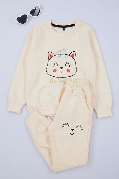 TRENDYOLKIDS طقم محبوك بنمط حيوان رقيق موسمي للفتيات باللون الكريمي*001 - TKDAW25AU00027
