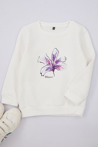 TRENDYOLKIDS Ecru*002 Dívčí bavlněná pletená mikina - Slogan TKDAW25SW00013