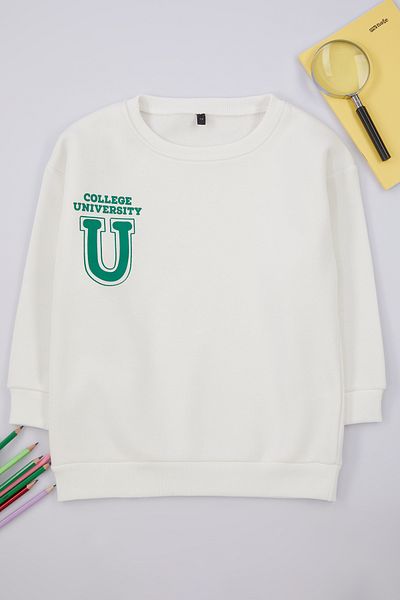 TRENDYOLKIDS Βαμβακερό φούτερ Boy Ecru Slogan - TKDAW25SW00015