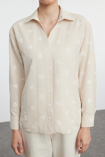 Trendyol Collection Cotton Woven - Sötétbézs csíkos virágmintás ing TWOSS23GO00373