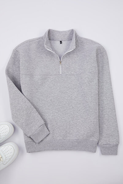 Trendyol Collection Gray Melange Fleece/Warm Zippered Oversize Sweatshirt - Tmnaw25Sw00031