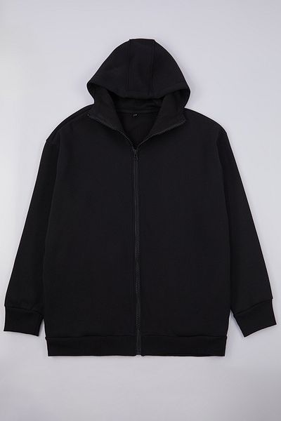Trendyol Collection Μαύρο βαμβακερό φούτερ με κουκούλα με φερμουάρ - Plus Size TMNAW25AO00029