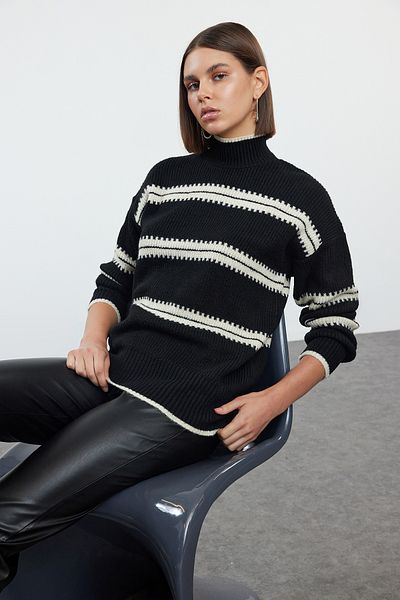 Trendyol Collection Turtleneck Striped Soft Knitwear Sweater - Wide Fit Twoaw25Kz00236