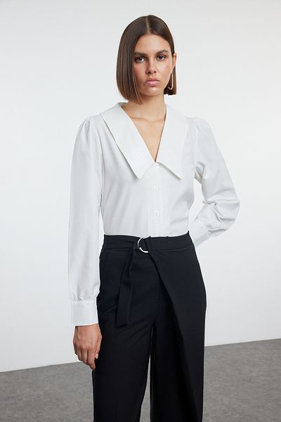 Trendyol Collection Вишита ткана сорочка з великим коміром екрю Regular Fit TWOAW25GO00009