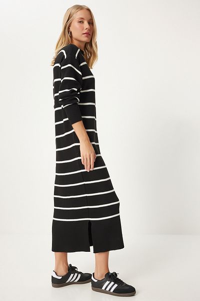 Happiness İstanbul Rochie de tricot Saran cu dungi negre pentru femei MU00011