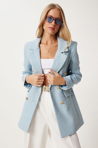 Happiness İstanbul Himmelblaue Tweed-Blazerjacke mit Knöpfen für Damen WF00004