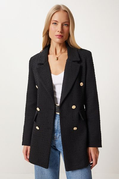 Happiness İstanbul Schwarzer Blazer aus Tweed mit Knöpfen für Damen WF00004