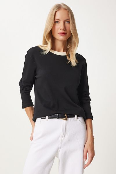 Happiness İstanbul Black Contrast Color Cotton Basic Blouse - Nj00157