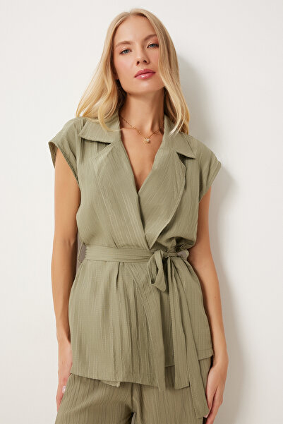 Happiness İstanbul Green Belted Γυναικείο Πλεκτό Σετ - Γιλέκο και Σετ Palazzo By00055