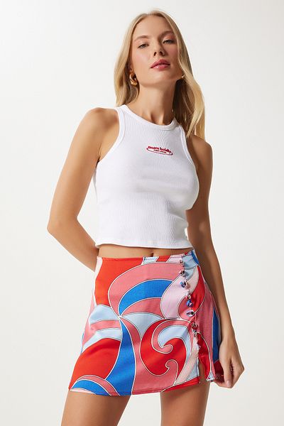 Happiness İstanbul Roter Satin-Mini-Shorts-Rock - gemustert, Damen, FN03333