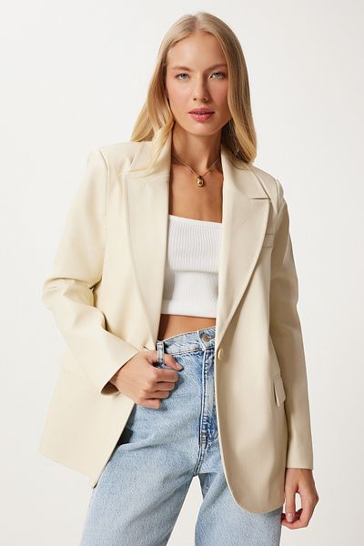 Happiness İstanbul Κρεμ Χρώμα Oversize Faux Leather Γυναικείο Blazer - Fn03319