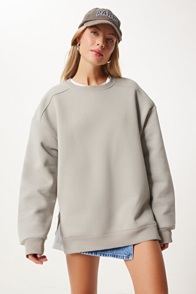 Happiness İstanbul Kadın Taş Grisi Fermuar Detaylı Şardonlu Örme Sweatshirt UB00148