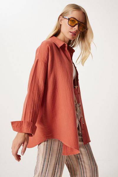 Happiness İstanbul Übergroßes Musselin-Shirt für Damen - Pfirsichfarbenes Basismodell Mx00150