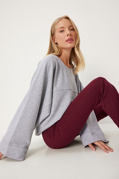 Happiness İstanbul Gray Oversize Women's Knitted Sweatshirt - Wide Sleeve Fn03334
