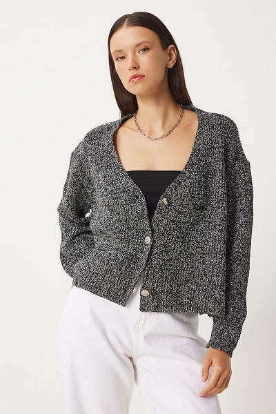 Happiness İstanbul Gray Melange V-neck Knitwear Women's Cardigan - Gray Fn03338
