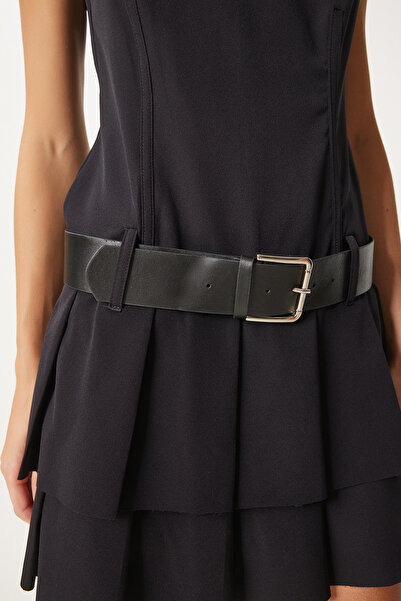 Happiness İstanbul Rochie de damă cu pliuri groase cu centură neagră - FN03347