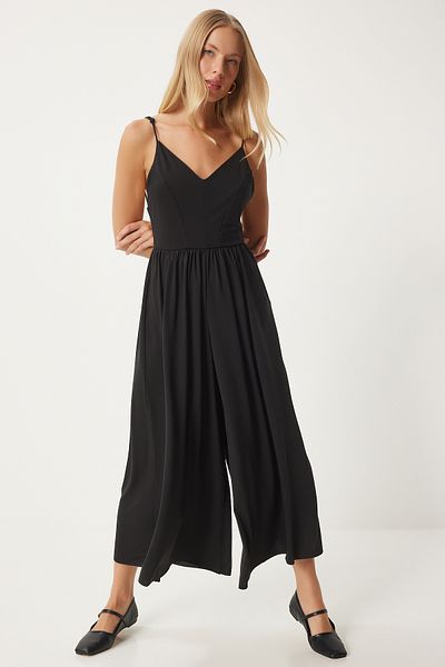 Happiness İstanbul Schwarzer Jumpsuit mit V-Ausschnitt und Seilträgern für Damen - UB00292