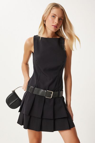 Happiness İstanbul Rochie de damă cu pliuri groase cu centură neagră - FN03347