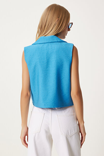 Happiness İstanbul Γυναικείο γιλέκο από λινό Sky Blue - Κουμπωτό, To00055