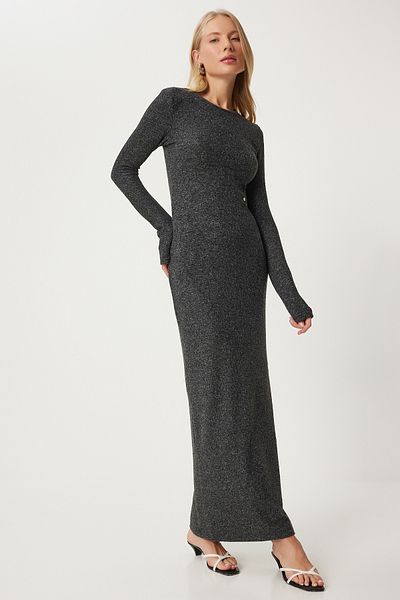 Happiness İstanbul Anthracite Midi Knitted Dress - Women's Body Wrap Fn03346