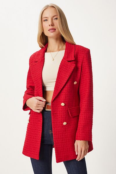 Happiness İstanbul Női piros gombos blézer tweed dzseki WF00004