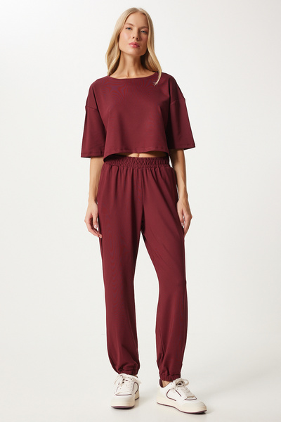 Happiness İstanbul Claret Red Crop T-shirt and Jogger Tracksuit Set - Fn03316
