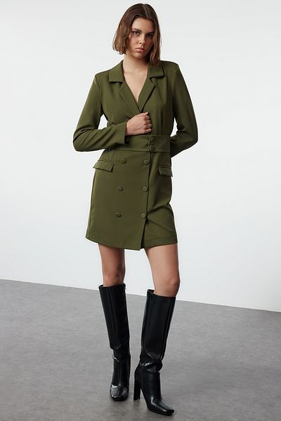 Trendyol Collection Khaki mini szőtt kabát ruha - övvel és gombbal Twoaw24el00497