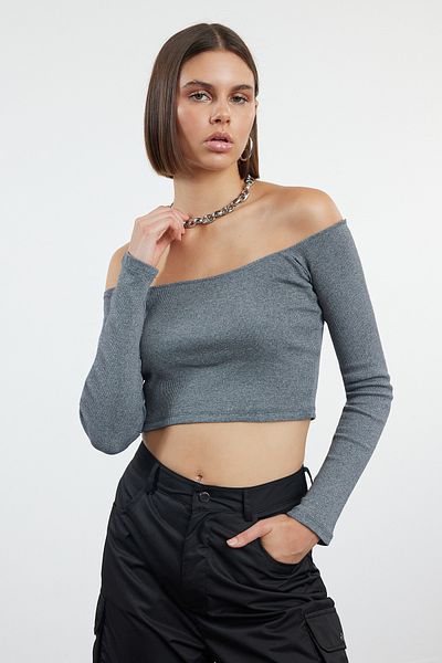 Trendyol Collection Tmavě šedá - Carmen límec Stretch pletená halenka TWOAW23BZ00482