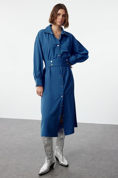 Trendyol Collection Széles szabású Saks ingruha - övvel és patenttal, alacsony ujjú Twoaw25el00195