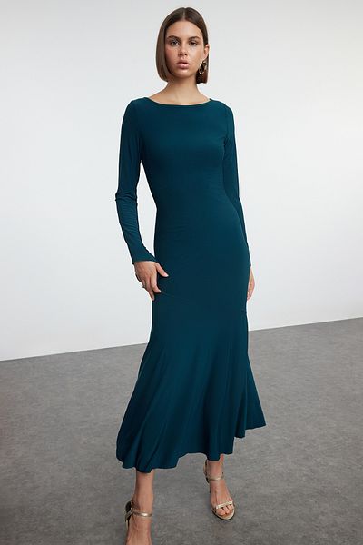 Trendyol Collection Ευέλικτο Πλεκτό Maxi Φόρεμα - Σμαραγδένιο Πράσινο, Ίσιος λαιμόκοψη, Φούστα Flounce TWOAW25EL00115