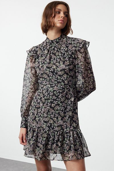 Trendyol Collection Χειμερινό γεωμετρικό υφαντό φόρεμα - Καφέ, TWOAW24EL00740