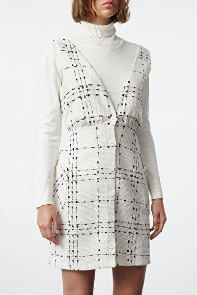 Trendyol Collection Šaty Ecru Mini Gilet s výstřihem do V – kostkovaný pléd, Twoaw21el0319