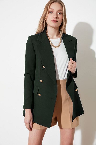 Trendyol Collection Khaki oversize podšitá dvouřadá tkaná bunda TWOSS20CE0024 se zapínáním