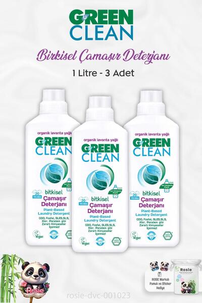 Green Clean 3 Adet Green Clean Bitkisel Çamaşır Deterjanı Lavanta Yağlı 1 lt ve ROSIE